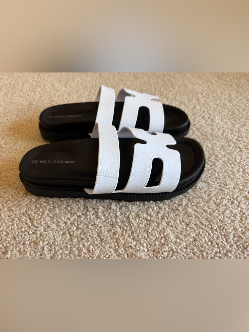 Wild Diva White and Black Double Strap Slide Sandals